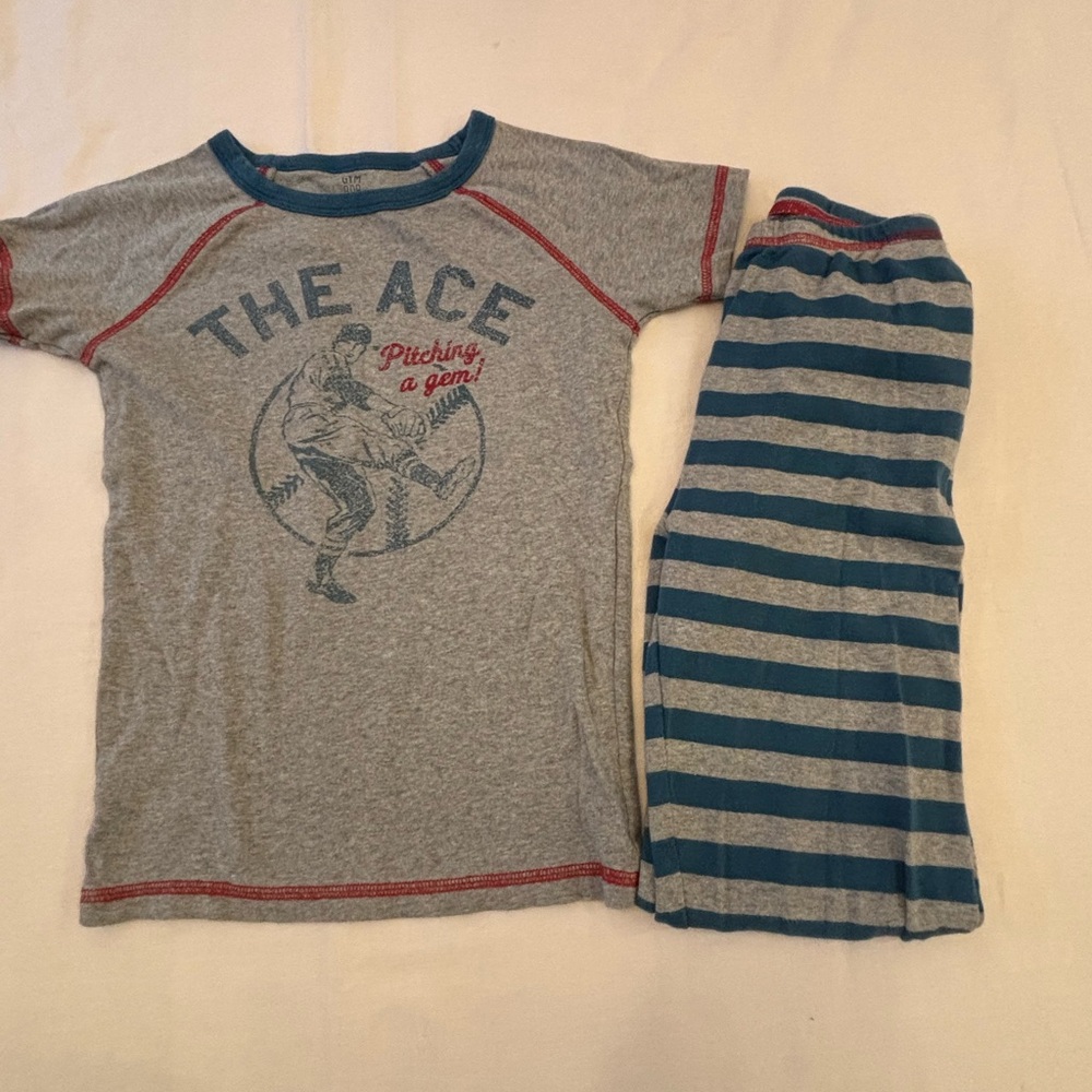 Gymboree Gray & Blue Striped Short Sleeve Pajama Set size 8 Baseball pitcher